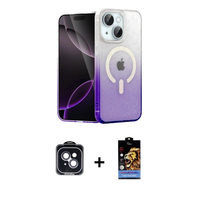 MARSİLYAN™- iPhone 14 Kılıf Eksen Minimal Özel Seri - Siyah Buffer Hayalet Cam Ekran Koruyucu + PVD Metal Kamera Lens - SH