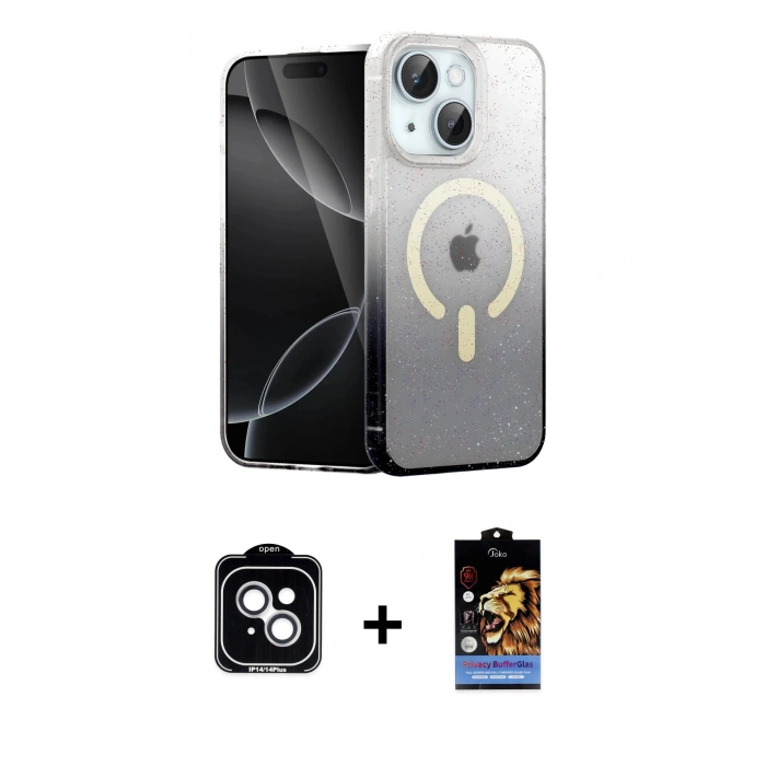 MARSİLYAN™- iPhone 14 Kılıf Eksen Minimal Özel Seri - Siyah Buffer Hayalet Cam Ekran Koruyucu + PVD Metal Kamera Lens - GS
