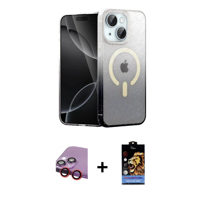 MARSİLYAN™- iPhone 14 Kılıf Eksen Minimal Özel Seri - Siyah Buffer Hayalet Cam Ekran Koruyucu + Raze Metal Kamera Lens - KI