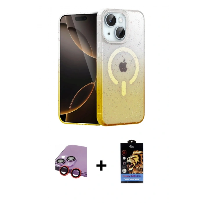 MARSİLYAN™- iPhone 14 Kılıf Eksen Minimal Özel Seri - Siyah Buffer Hayalet Cam Ekran Koruyucu + Raze Metal Kamera Lens - KI