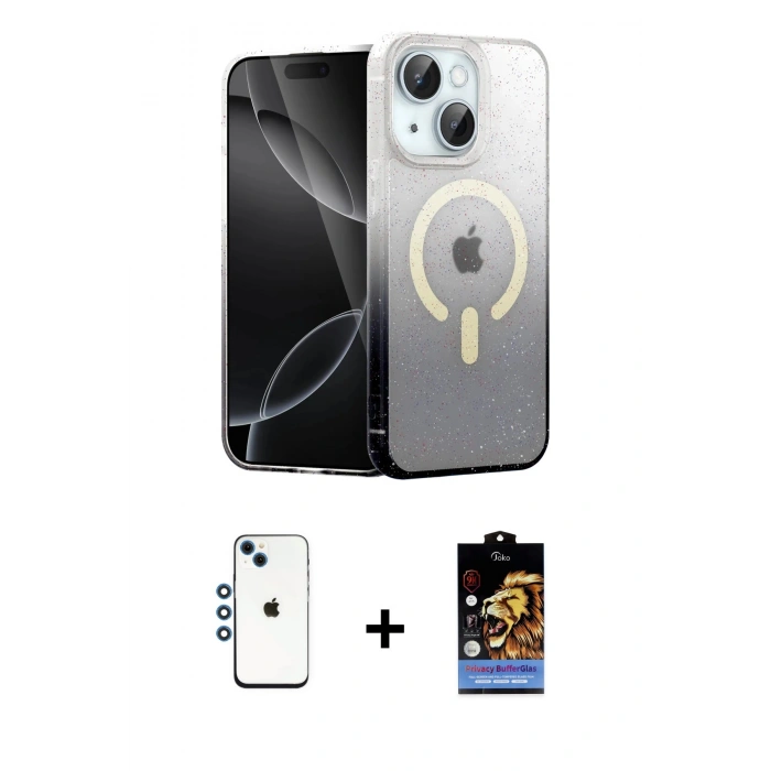MARSİLYAN™- iPhone 14 Kılıf Eksen Minimal Özel Seri - Siyah Buffer Hayalet Cam Ekran Koruyucu + Shine Kamera Lens - MI