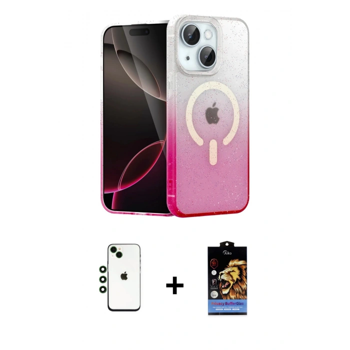 MARSİLYAN™- iPhone 14 Kılıf Eksen Minimal Özel Seri - Siyah Buffer Hayalet Cam Ekran Koruyucu + Yeşil Shine Kamera Lens