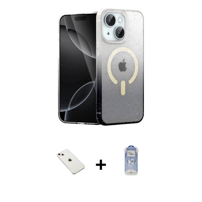 MARSİLYAN™- iPhone 14 Kılıf Eksen Minimal Özel Seri - Siyah Joko Magic 5D Cam + Diamond Kamera Lens - PE