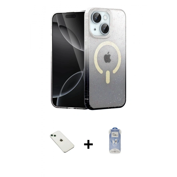 MARSİLYAN™- iPhone 14 Kılıf Eksen Minimal Özel Seri - Siyah Joko Magic 5D Cam + Diamond Kamera Lens - YL