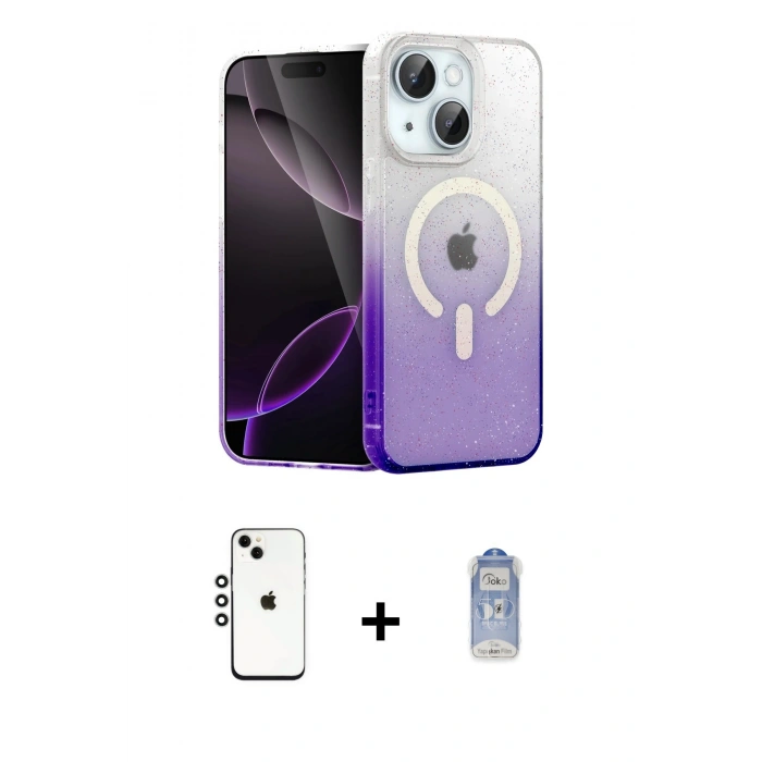 MARSİLYAN™- iPhone 14 Kılıf Eksen Minimal Özel Seri - Siyah Joko Magic 5D Cam + Gümüş Shine Kamera Lens