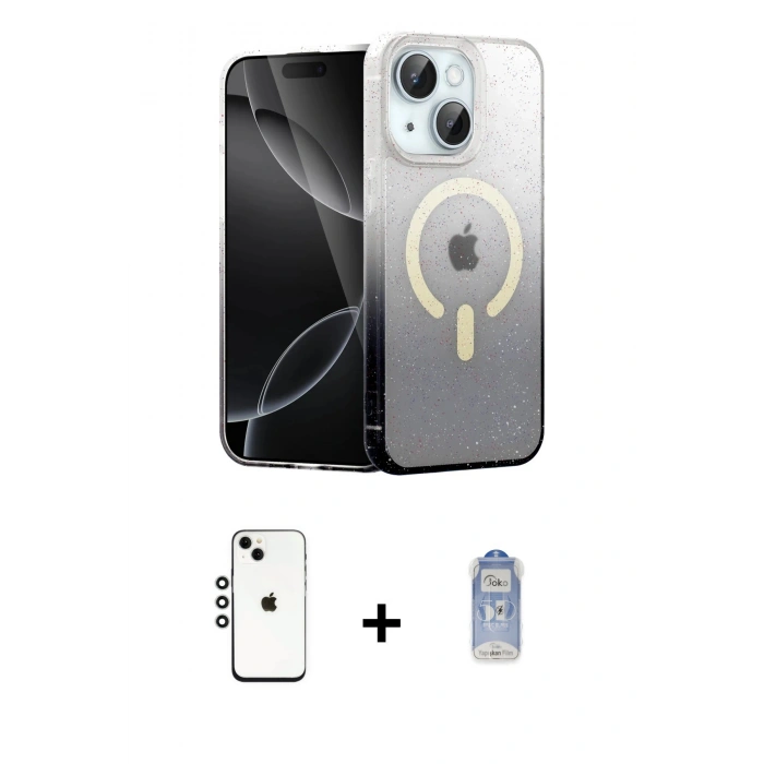 MARSİLYAN™- iPhone 14 Kılıf Eksen Minimal Özel Seri - Siyah Joko Magic 5D Cam + Gümüş Shine Kamera Lens