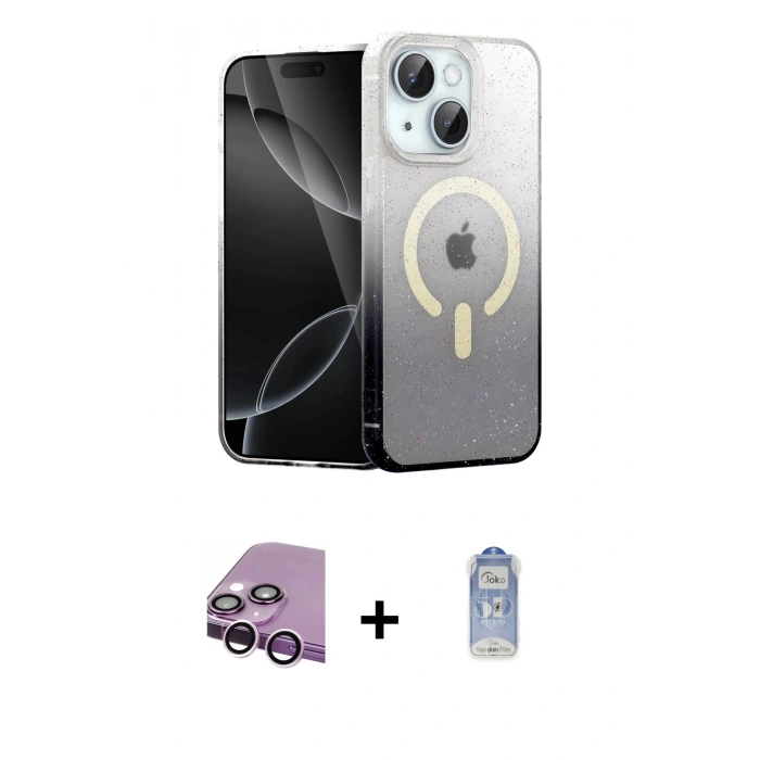 MARSİLYAN™- iPhone 14 Kılıf Eksen Minimal Özel Seri - Siyah Joko Magic 5D Cam + Mor Raze Metal Kamera Lens