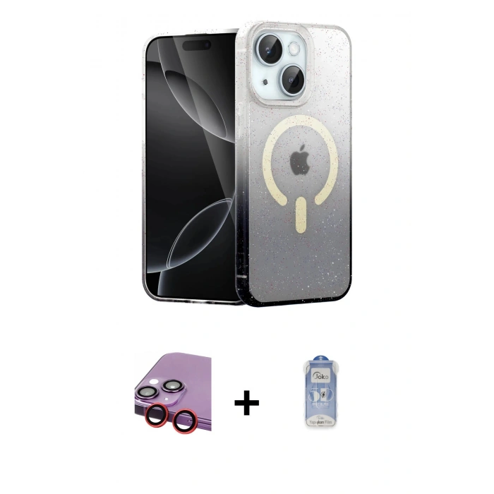 MARSİLYAN™- iPhone 14 Kılıf Eksen Minimal Özel Seri - Siyah Joko Magic 5D Cam + Raze Metal Kamera Lens - KI