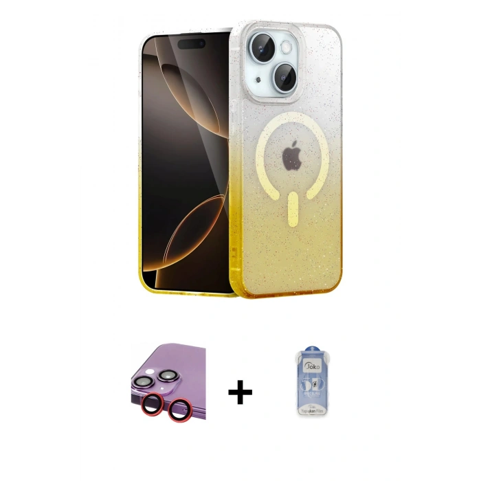 MARSİLYAN™- iPhone 14 Kılıf Eksen Minimal Özel Seri - Siyah Joko Magic 5D Cam + Raze Metal Kamera Lens - KI