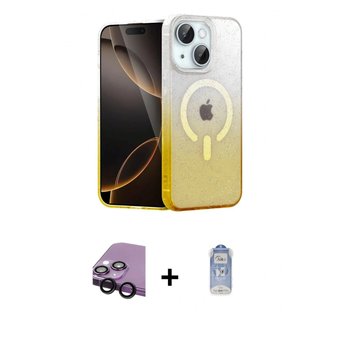 MARSİLYAN™- iPhone 14 Kılıf Eksen Minimal Özel Seri - Siyah Joko Magic 5D Cam + Raze Metal Kamera Lens - SH
