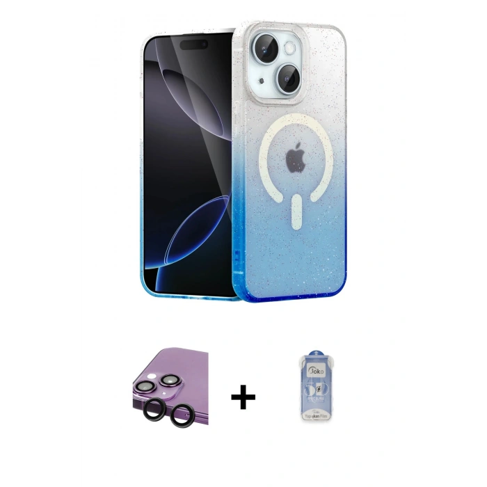 MARSİLYAN™- iPhone 14 Kılıf Eksen Minimal Özel Seri - Siyah Joko Magic 5D Cam + Raze Metal Kamera Lens - SH