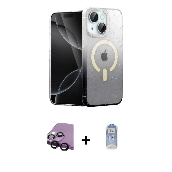 MARSİLYAN™- iPhone 14 Kılıf Eksen Minimal Özel Seri - Siyah Joko Magic 5D Cam + Raze Metal Kamera Lens - SH