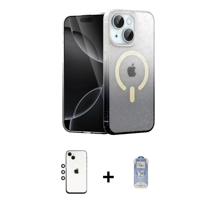 MARSİLYAN™- iPhone 14 Kılıf Eksen Minimal Özel Seri - Siyah Joko Magic 5D Cam + Shine Kamera Lens - GI