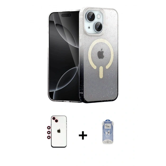 MARSİLYAN™- iPhone 14 Kılıf Eksen Minimal Özel Seri - Siyah Joko Magic 5D Cam + Shine Kamera Lens - KI