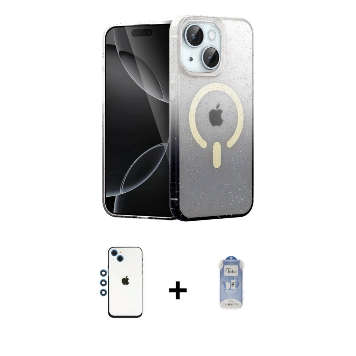MARSİLYAN™- iPhone 14 Kılıf Eksen Minimal Özel Seri - Siyah Joko Magic 5D Cam + Shine Kamera Lens - MI