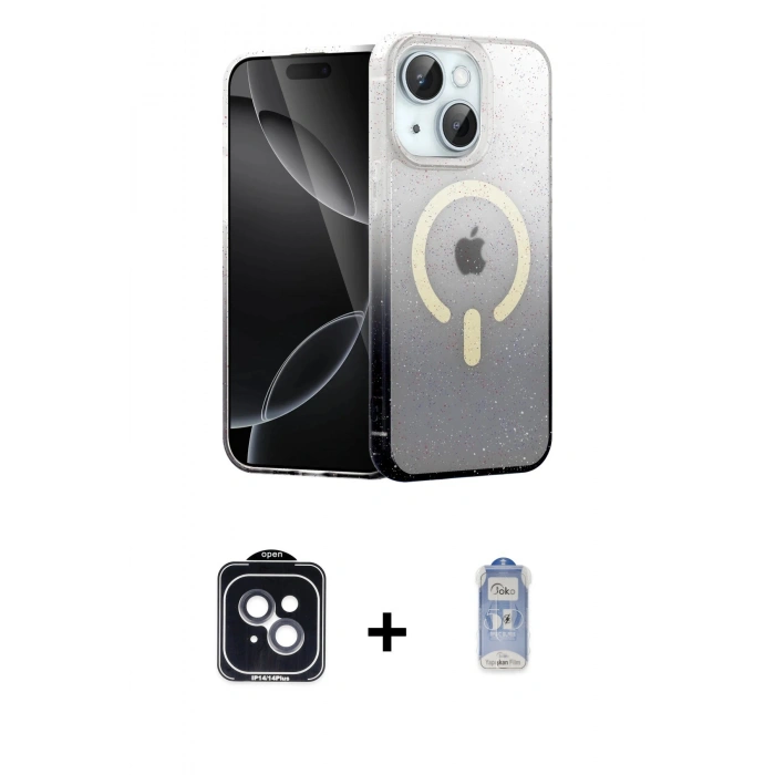 MARSİLYAN™- iPhone 14 Kılıf Eksen Minimal Özel Seri - Siyah Joko Magic 5D Cam + PVD Metal Kamera Lens - SH