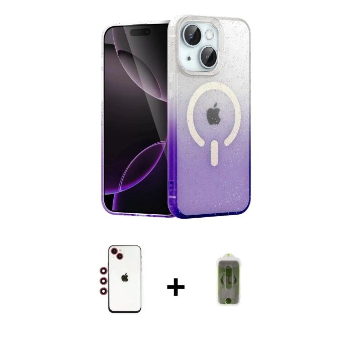MARSİLYAN™- iPhone 14 Kılıf Eksen Minimal Özel Seri - Siyah Joko Magic 5D Hayalet Cam + Kırmızı Shine Kamera Lens