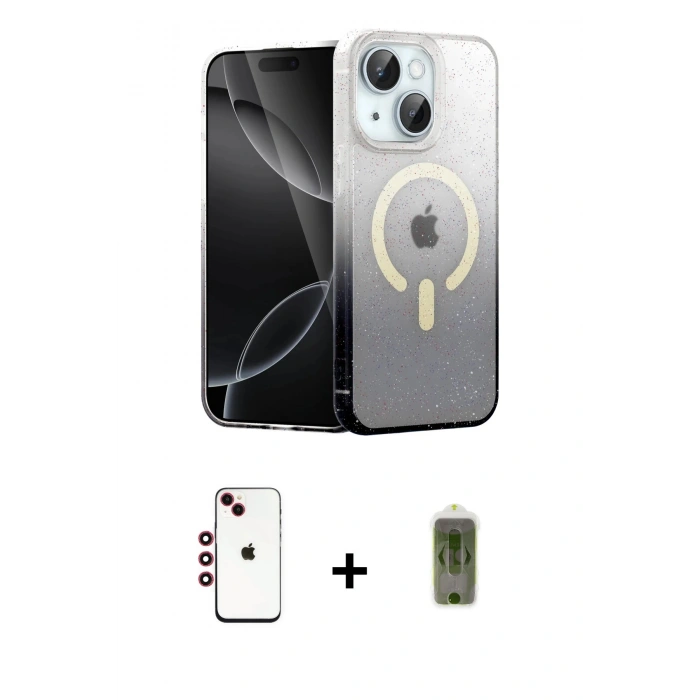 MARSİLYAN™- iPhone 14 Kılıf Eksen Minimal Özel Seri - Siyah Joko Magic 5D Hayalet Cam + Kırmızı Shine Kamera Lens