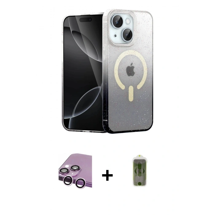 MARSİLYAN™- iPhone 14 Kılıf Eksen Minimal Özel Seri - Siyah Joko Magic 5D Hayalet Cam + Raze Metal Kamera Lens - MR