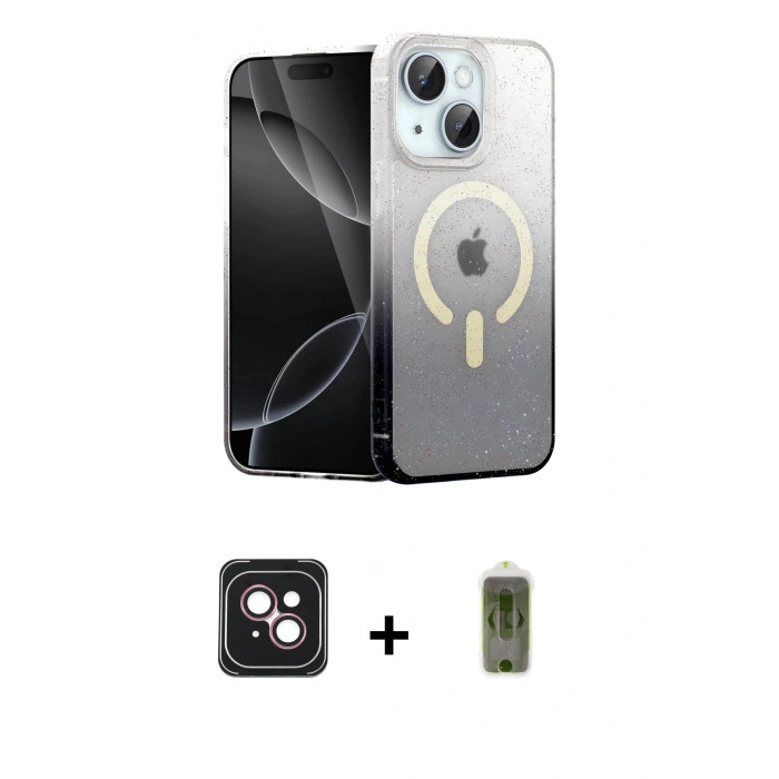 MARSİLYAN™- iPhone 14 Kılıf Eksen Minimal Özel Seri - Siyah Joko Magic 5D Hayalet Cam + PVD Metal Kamera Lens - PE