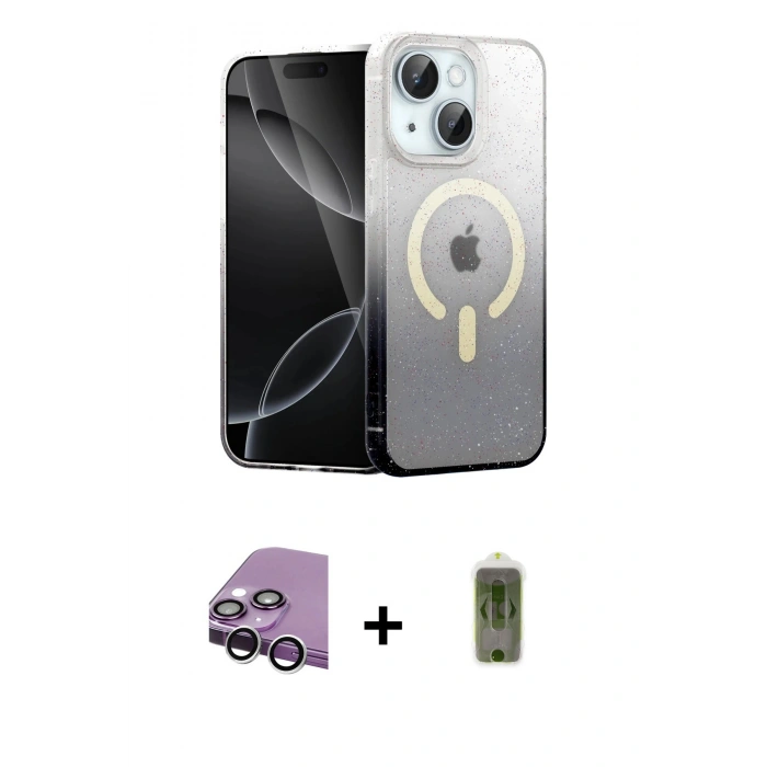 MARSİLYAN™- iPhone 14 Kılıf Eksen Minimal Özel Seri - Siyah Joko Magic 5D Hayalet Cam + Raze Metal Kamera Lens - GS