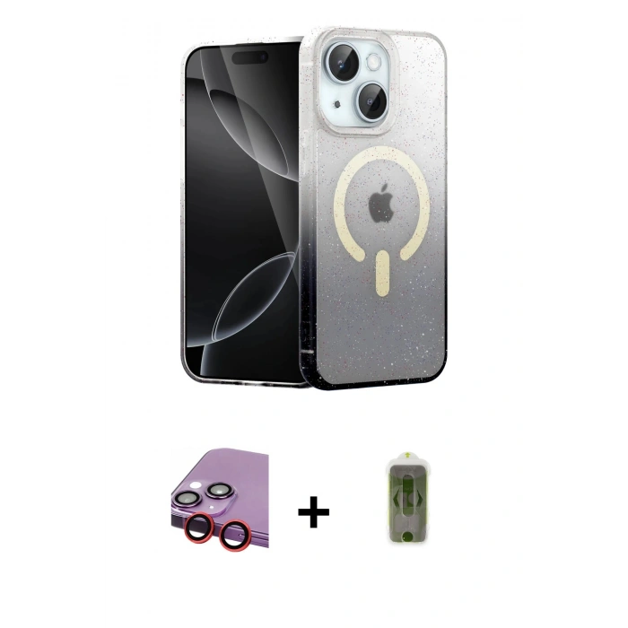 MARSİLYAN™- iPhone 14 Kılıf Eksen Minimal Özel Seri - Siyah Joko Magic 5D Hayalet Cam + Raze Metal Kamera Lens - KI