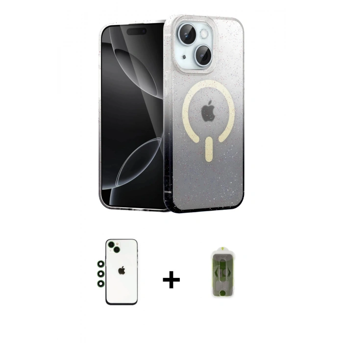 MARSİLYAN™- iPhone 14 Kılıf Eksen Minimal Özel Seri - Siyah Joko Magic 5D Hayalet Cam + Shine Kamera Lens - YL