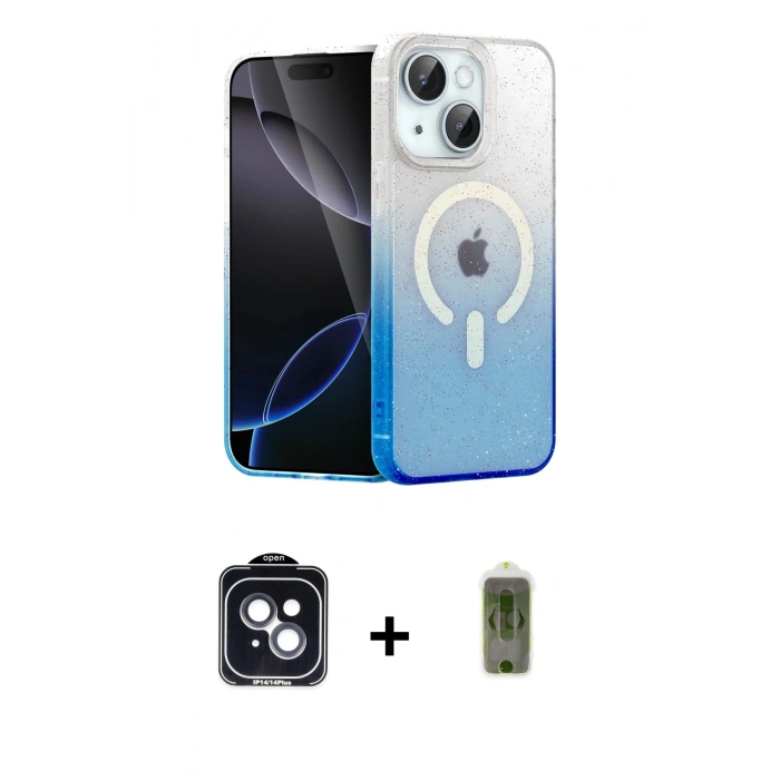 MARSİLYAN™- iPhone 14 Kılıf Eksen Minimal Özel Seri - Siyah Joko Magic 5D Hayalet Cam + PVD Metal Kamera Lens - SH