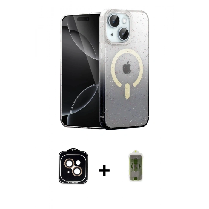 MARSİLYAN™- iPhone 14 Kılıf Eksen Minimal Özel Seri - Siyah Joko Magic 5D Hayalet Cam + PVD Metal Kamera Lens - TU