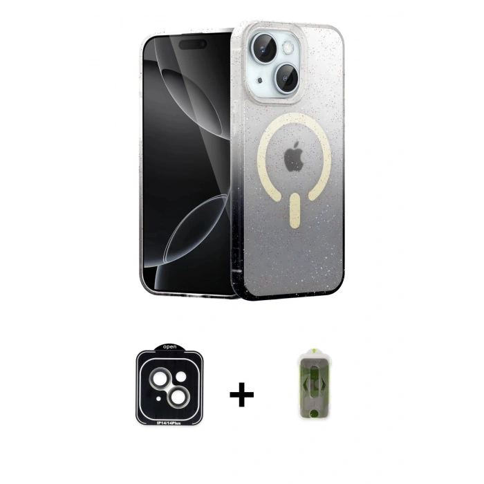 MARSİLYAN™- iPhone 14 Kılıf Eksen Minimal Özel Seri - Siyah Joko Magic 5D Hayalet Cam + PVD Metal Kamera Lens - YL