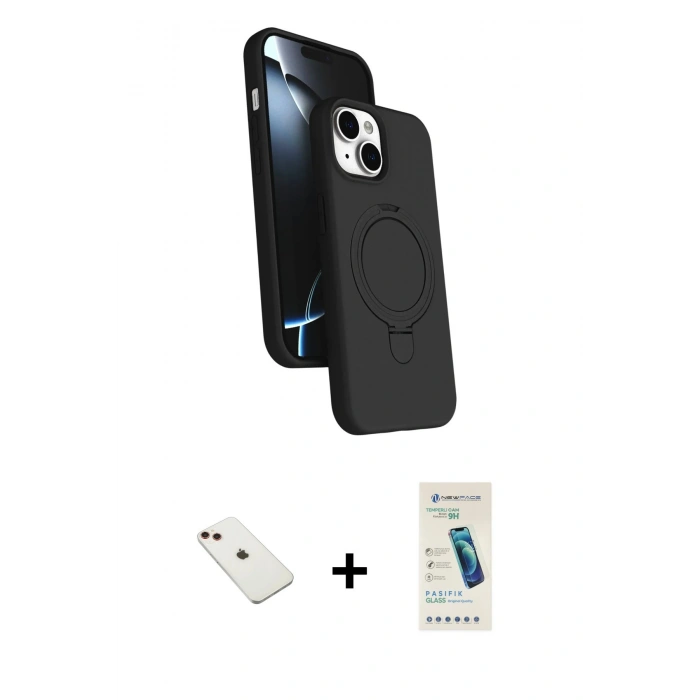 MARSİLYAN™- iPhone 14 Kılıf İz Işık Koleksiyonu - Şeffaf Pasifik Cam Ekran Koruyucu + Diamond Kamera Lens - KI