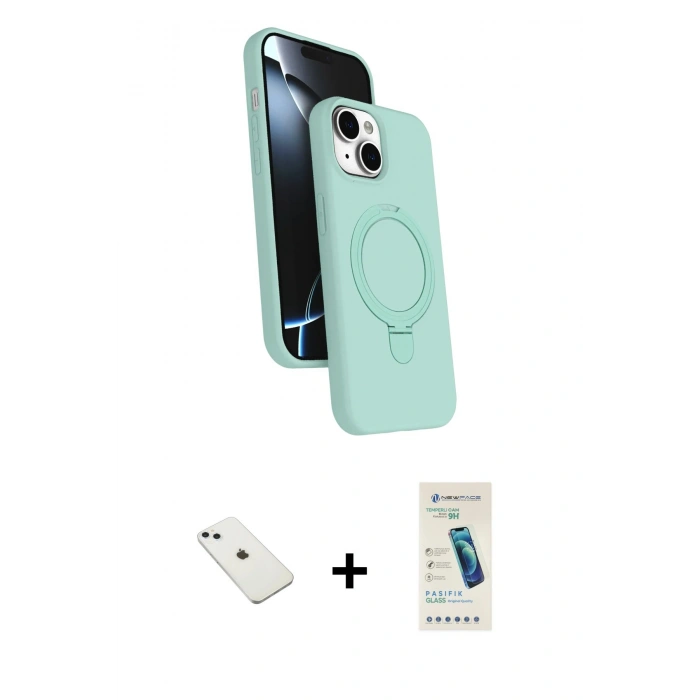 MARSİLYAN™- iPhone 14 Kılıf İz Işık Koleksiyonu - Şeffaf Pasifik Cam Ekran Koruyucu + Diamond Kamera Lens - SABE