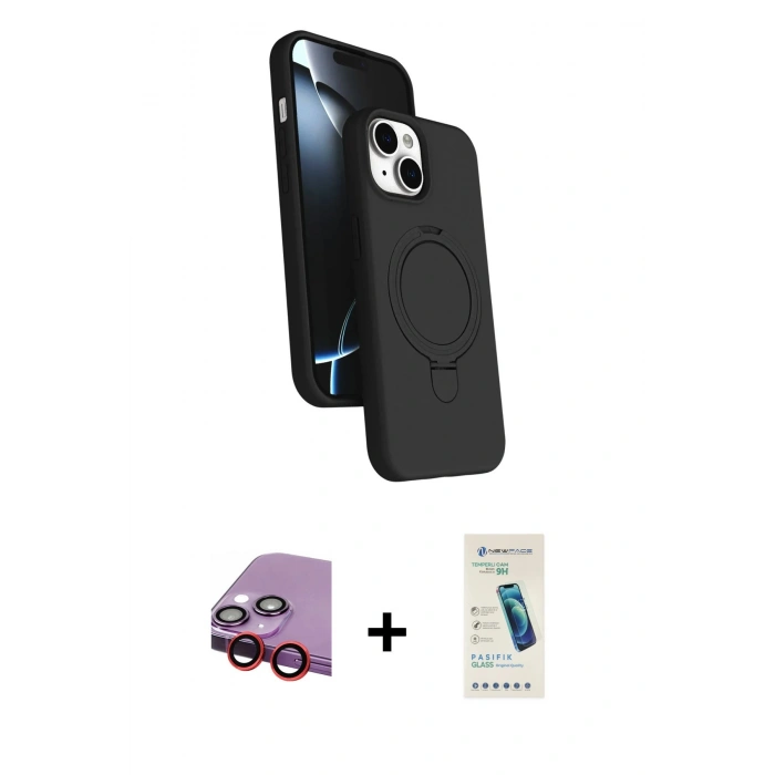 MARSİLYAN™- iPhone 14 Kılıf İz Işık Koleksiyonu - Şeffaf Pasifik Cam Ekran Koruyucu + Raze Metal Kamera Lens - KI