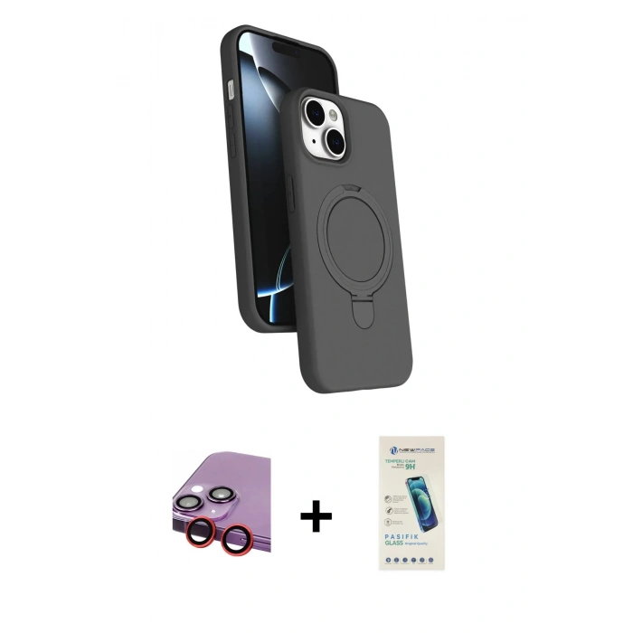 MARSİLYAN™- iPhone 14 Kılıf İz Işık Koleksiyonu - Şeffaf Pasifik Cam Ekran Koruyucu + Raze Metal Kamera Lens - KI