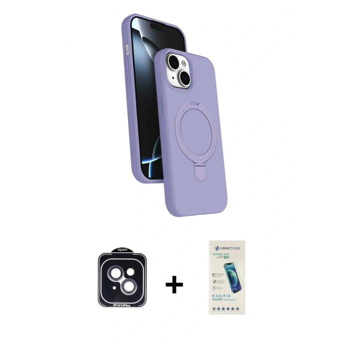 MARSİLYAN™- iPhone 14 Kılıf İz Işık Koleksiyonu - Şeffaf Pasifik Cam Ekran Koruyucu + PVD Metal Kamera Lens - SH