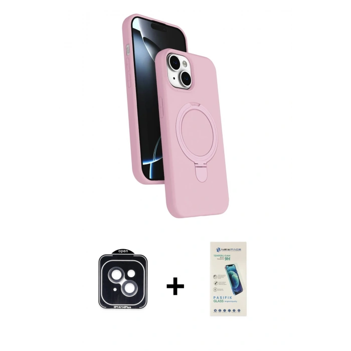 MARSİLYAN™- iPhone 14 Kılıf İz Işık Koleksiyonu - Şeffaf Pasifik Cam Ekran Koruyucu + PVD Metal Kamera Lens - SH