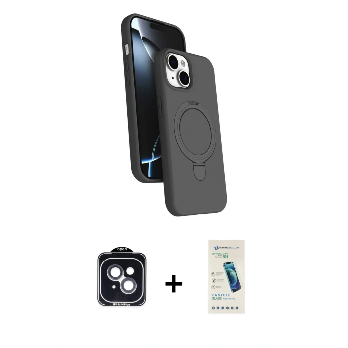 MARSİLYAN™- iPhone 14 Kılıf İz Işık Koleksiyonu - Şeffaf Pasifik Cam Ekran Koruyucu + PVD Metal Kamera Lens - SH