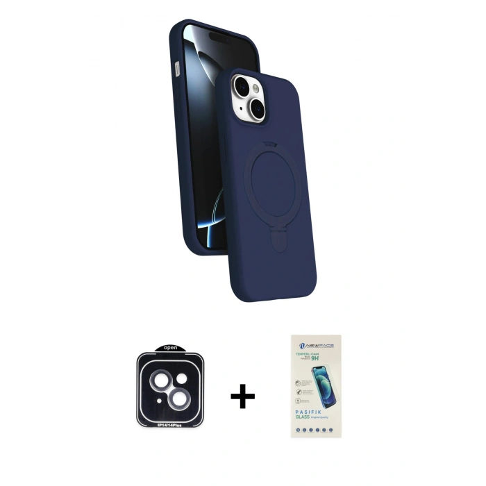 MARSİLYAN™- iPhone 14 Kılıf İz Işık Koleksiyonu - Şeffaf Pasifik Cam Ekran Koruyucu + PVD Metal Kamera Lens - SH