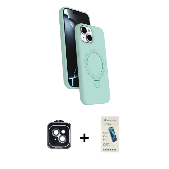 MARSİLYAN™- iPhone 14 Kılıf İz Işık Koleksiyonu - Şeffaf Pasifik Cam Ekran Koruyucu + PVD Metal Kamera Lens - SH