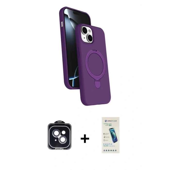 MARSİLYAN™- iPhone 14 Kılıf İz Işık Koleksiyonu - Şeffaf Pasifik Cam Ekran Koruyucu + PVD Metal Kamera Lens - SH