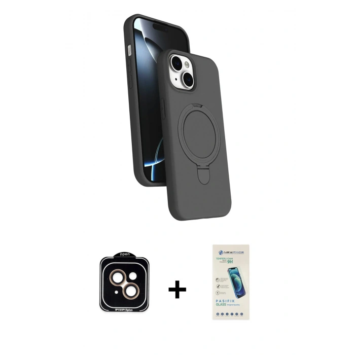 MARSİLYAN™- iPhone 14 Kılıf İz Işık Koleksiyonu - Şeffaf Pasifik Cam Ekran Koruyucu + PVD Metal Kamera Lens - TU