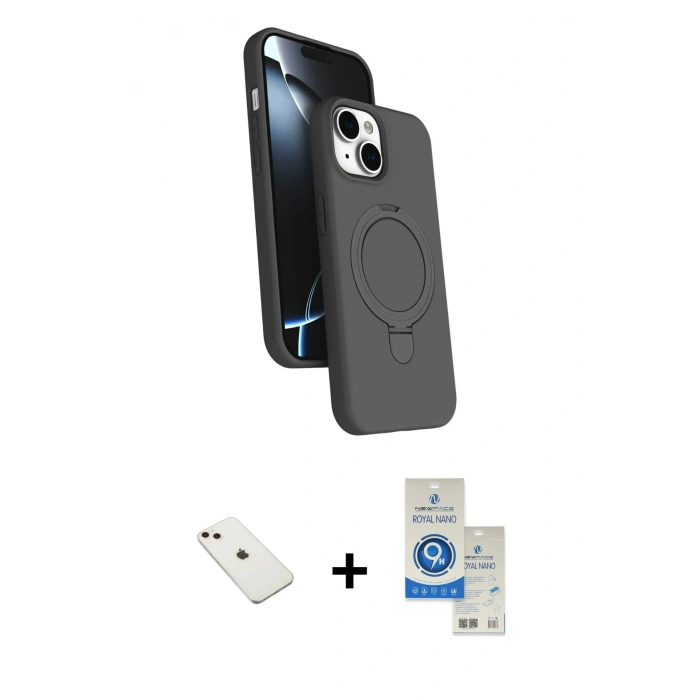 MARSİLYAN™- iPhone 14 Kılıf İz Işık Koleksiyonu - Şeffaf Royal Nano Ekran Koruyucu + Pembe Diamond Kamera Lens