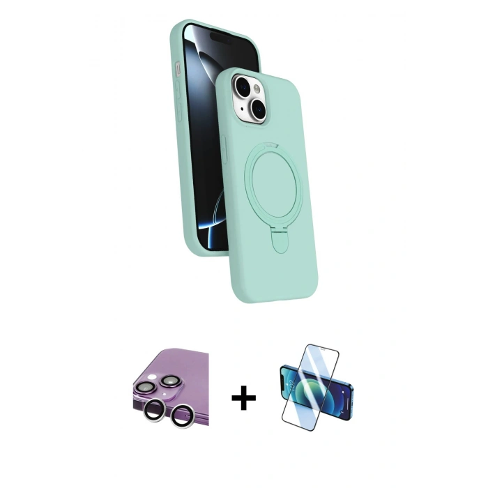 MARSİLYAN™- iPhone 14 Kılıf İz Işık Koleksiyonu - Siyah 3D Antistatik Cam Ekran Koruyucu + Raze Metal Kamera Lens - GS