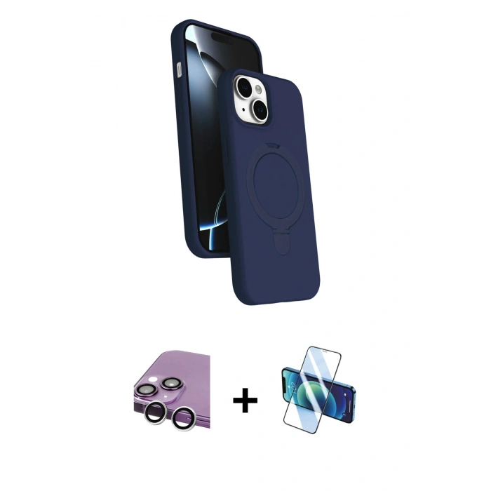 MARSİLYAN™- iPhone 14 Kılıf İz Işık Koleksiyonu - Siyah 3D Antistatik Cam Ekran Koruyucu + Raze Metal Kamera Lens - GS