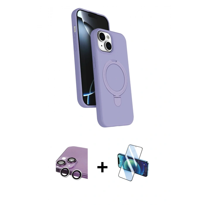 MARSİLYAN™- iPhone 14 Kılıf İz Işık Koleksiyonu - Siyah 3D Antistatik Cam Ekran Koruyucu + Raze Metal Kamera Lens - GS
