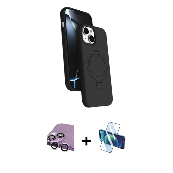 MARSİLYAN™- iPhone 14 Kılıf İz Işık Koleksiyonu - Siyah 3D Antistatik Cam Ekran Koruyucu + Raze Metal Kamera Lens - GS