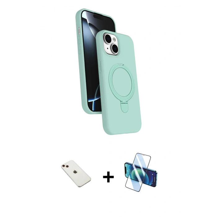 MARSİLYAN™- iPhone 14 Kılıf İz Işık Koleksiyonu - Siyah 3D Antistatik Cam Ekran Koruyucu + Diamond Kamera Lens - KI