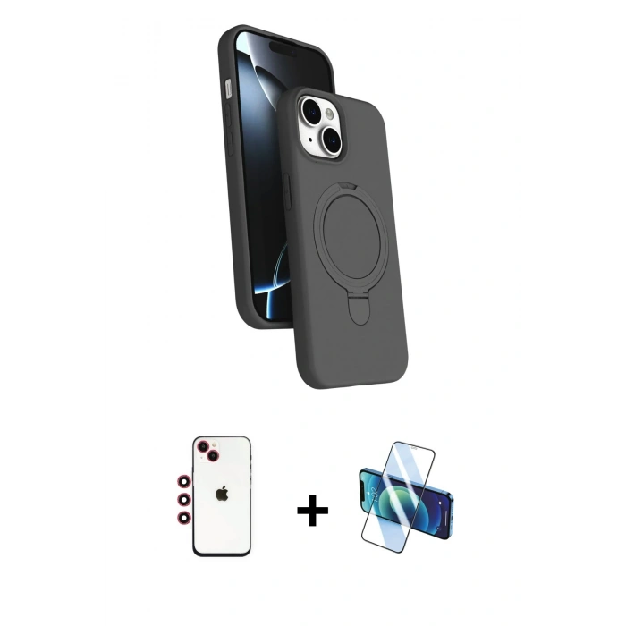 MARSİLYAN™- iPhone 14 Kılıf İz Işık Koleksiyonu - Siyah 3D Antistatik Cam Ekran Koruyucu + Shine Kamera Lens - KI