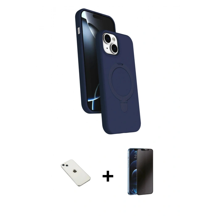 MARSİLYAN™- iPhone 14 Kılıf İz Işık Koleksiyonu - Siyah 3D Antistatik Hayalet Cam Ekran Koruyucu + Diamond Kamera Lens - SABE