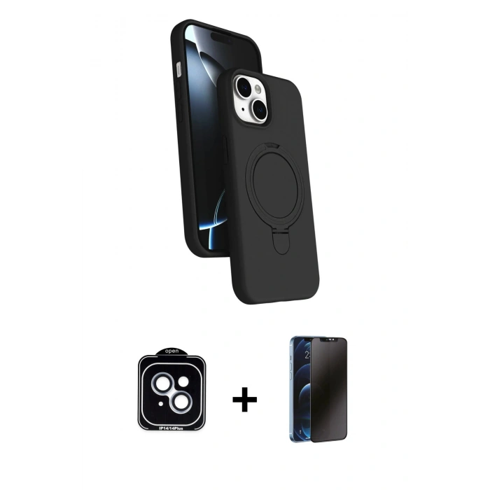 MARSİLYAN™- iPhone 14 Kılıf İz Işık Koleksiyonu - Siyah 3D Antistatik Hayalet Cam Ekran Koruyucu + PVD Metal Kamera Lens - MI